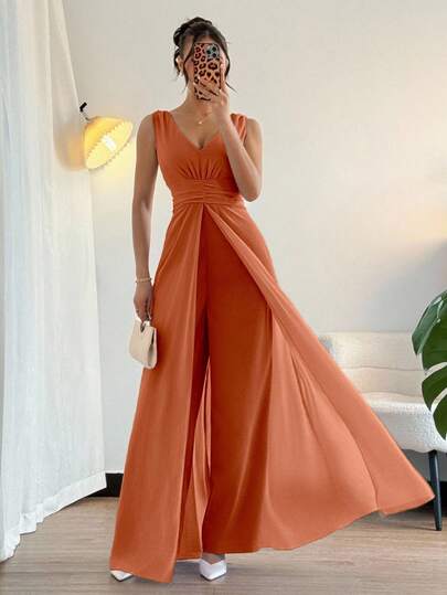 Rafferiza Elegante tuta ampia con scollo a V, vita arricciata, dettagli in perle e chiffon, adatta come abito da invitata a matrimonio, colore viola