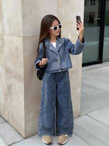 SHEIN Serisse Kids 两件套女童蓝色牛仔外套和宽松长裤，秋季服装，休闲时尚度假装，复古牛仔套装，冬季必备 - 深色水洗藍 - 查看 1