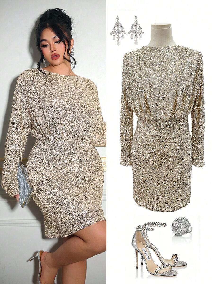 Roveilla 大码女士优雅浪漫派对亮片衬里圆领褶裥腰身修身迷你连衣裙，适合圣诞节、派对、家庭聚会等场合，新品上市 - 香檳色 - 查看 1