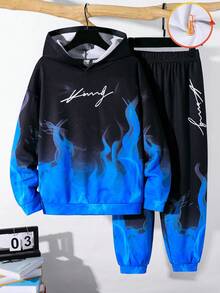 SHEIN 2 件套青少年男童休闲日常百搭舒适印花连帽卫衣和宽松保暖内衬慢跑裤套装 - 彩色 - 查看 2