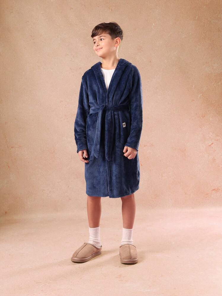 Plush Hooded Dressing Gown With Centre Pocket