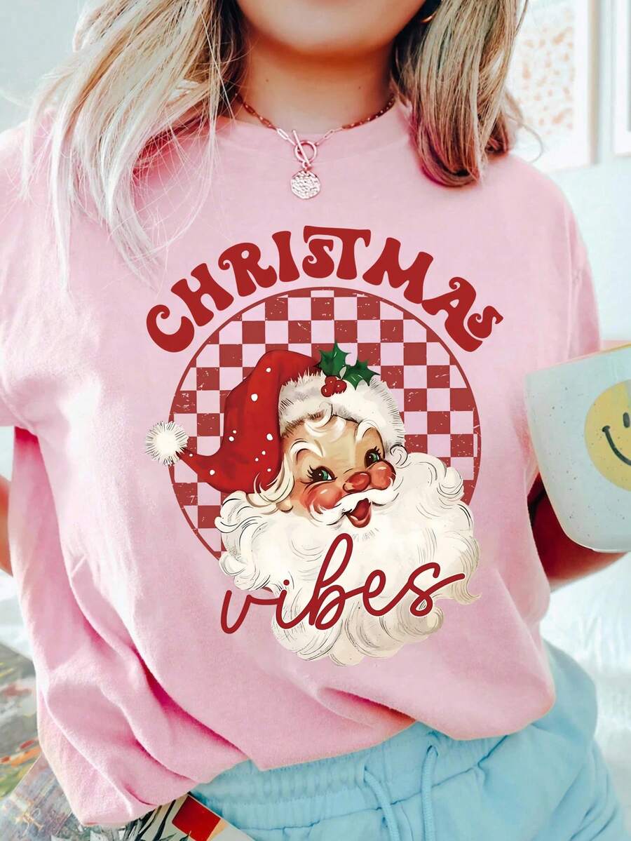 EMERY ROSE Áo thun đỏ Santa Vibes, Áo thun Giáng sinh nữ, Áo Giáng sinh dễ thương và vui nhộn, Áo thun ông già Noel cổ điển, Thích hợp cho mùa xuân và mùa hè - Hồng - Xem 1
