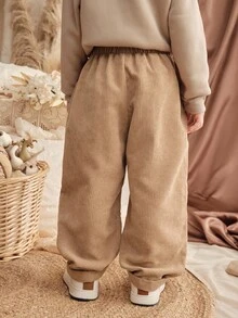 Loomiva 2 件装年轻男孩休闲宽松纯色纽扣和口袋设计裤子，优雅法式风格，适合户外、度假、派对、学校、家居服、春夏季 - 米色 - 查看 2