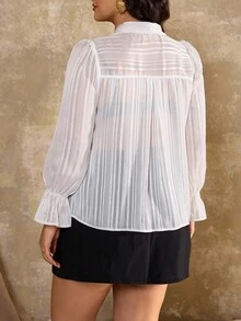 Flirla Plus Size Women Elegant Silver Striped Tie Bow Blouse Fall Cloth For Women - White - View 2