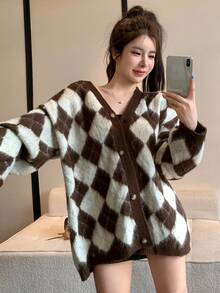 DAZY Women's Loose Casual Plaid & Diamond Pattern Color Block Long Cardigan, Suitable For Autumn & Winter