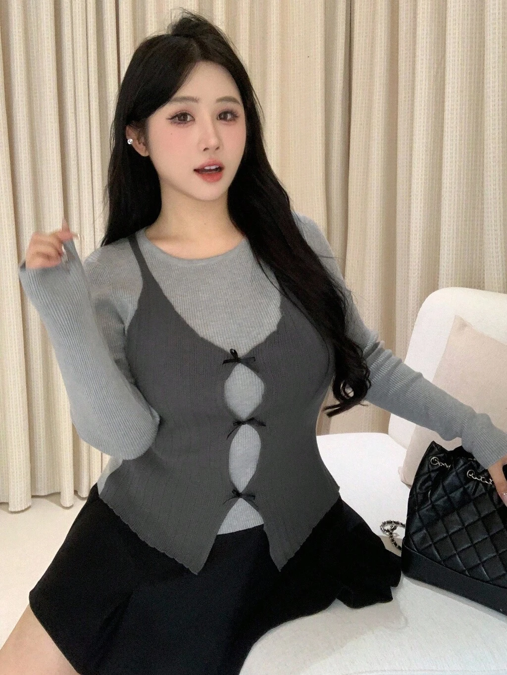 Dazy Plus Plus Size Women 2 In 1 Bowknot Decor Crew Neck Long Sleeve Tight Knit Pullover Sweater, Autumn
