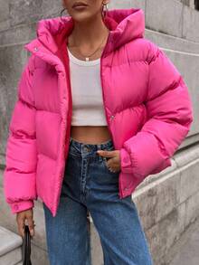 EURMUSE Cazadora de invierno para mujeres con capucha y bolsillos, abrigo de moda tejido a cuadros sólido de alta calle, cálido y grueso - Rosa Pálido - Ver 1