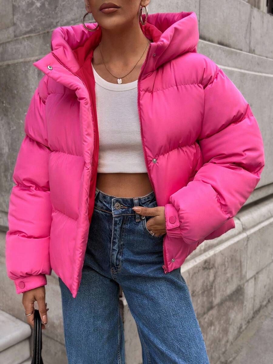 EURMUSE Cazadora de invierno para mujeres con capucha y bolsillos, abrigo de moda tejido a cuadros sólido de alta calle, cálido y grueso - Rosa Pálido - Ver 1