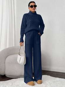 EURMUSE 2pcs Set: Cable Knit Turtleneck Long Sleeve Top And Solid Color Pants - Navy Blue - View 3