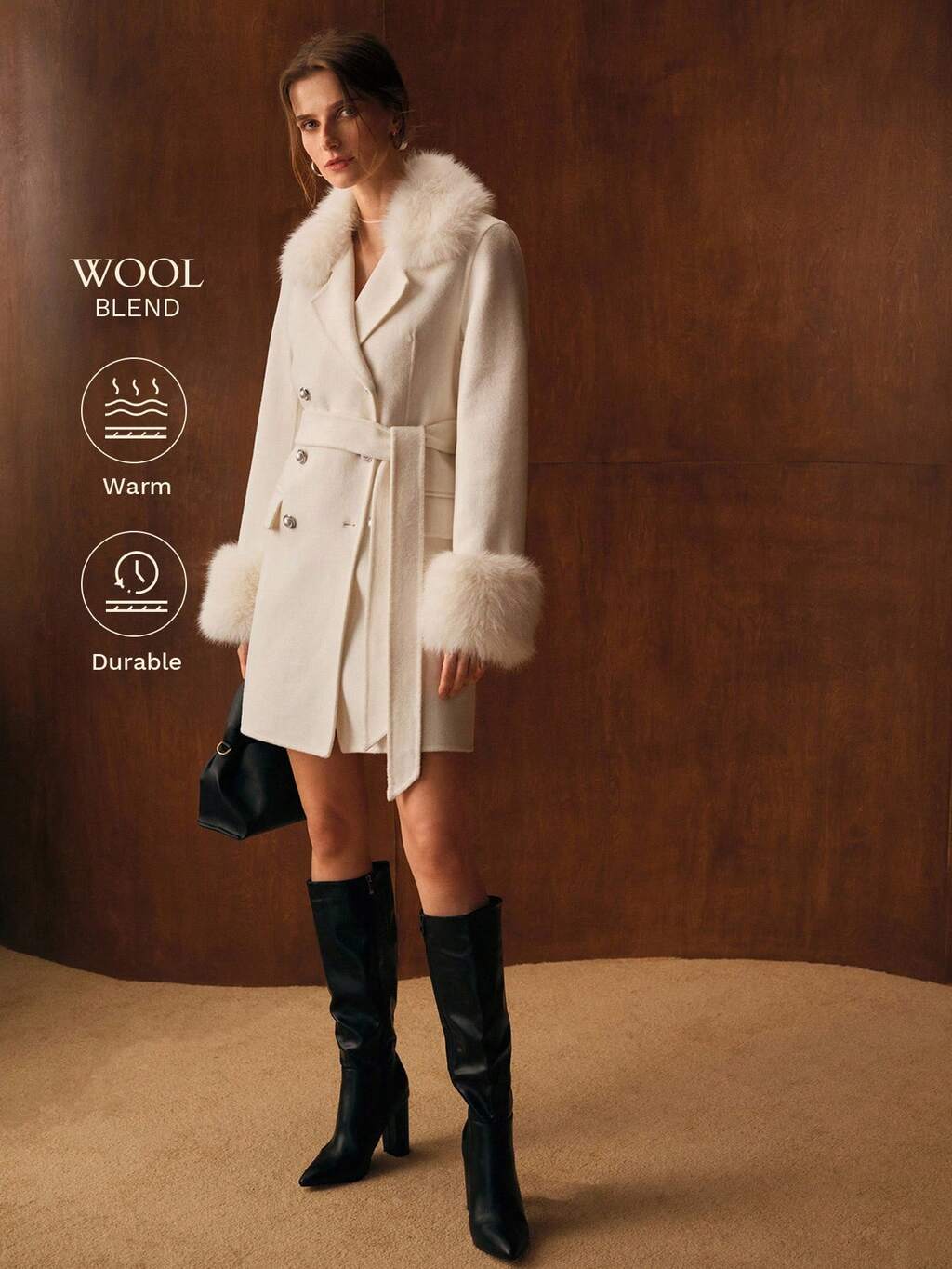 Cappotto oversize con pannelli in lana morbida, doppio petto, patta con cintura