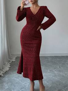DAZY Elegant Sequin V-Neck Fishtail Midi Dress For Women, Autumn Red Women Dresses Prom Dress Christmas - Burgundy - View 1