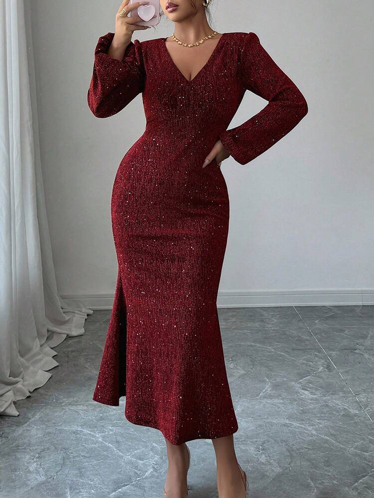 Elegant Sequin V-Neck Fishtail Midi Dress For Women, Autumn Red Women Dresses Prom Dress Christmas