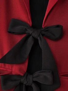 lacRébo Wine Red Cropped Blazer With Black Ribbon Ties Spring Spring Summer Chic Blazer Going Out New Year - Burgundy - View 9