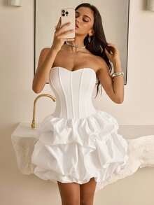 Vowa 优雅棕色简约露肩美人鱼下摆泡泡裙，腰带设计，适合约会、度假、生日、派对、毕业典礼、舞会 - 白色 - 查看 6