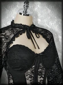 SHEIN ICON Váy ngắn xếp tầng ren corset cỡ lớn màu đen, áo ren tay loe thắt nơ phía trước, bộ đồ hai mảnh phong cách cổ điển Y2K, trang phục Halloween - màu đen - Xem 4