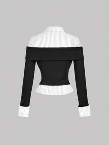 SHEIN MOD 黑白针织拼接条纹衬衫，两用上衣，返校季必备 - 黑與白 - 查看 2