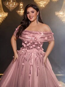 Glamrae 加大码夏季优雅奢华 3D 花卉刺绣蕾丝撞色网眼薄纱长裙，适合婚礼、活动、派对、度假、庆典（重度装饰） - 藕粉色 - 查看 5