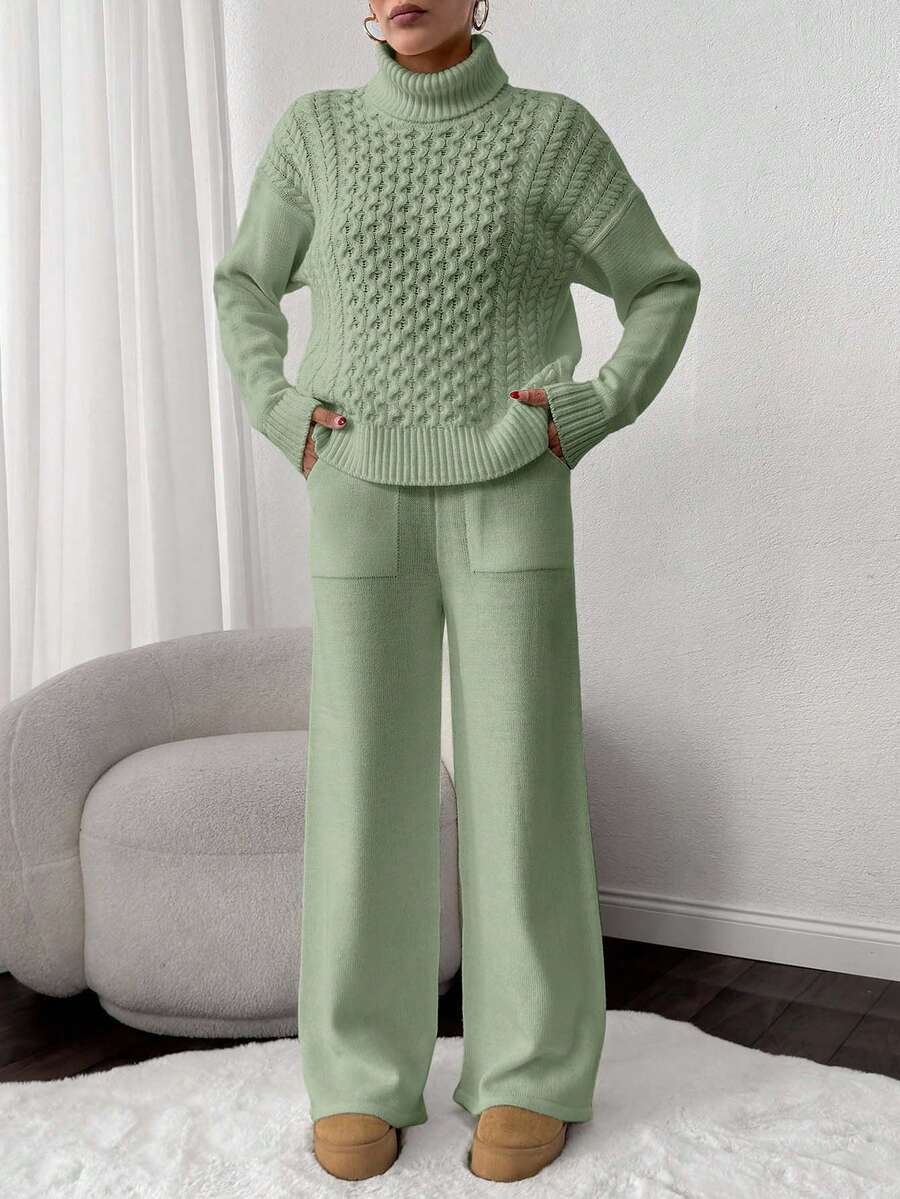 SHEIN Cottnline 2pcs Set: Cable Knit Turtleneck Long Sleeve Top And Solid Color Pants - Mint Green - View 1