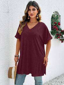 Breezaya Plus Size Women V-Neck Short Sleeve Raglan Sleeve Split Hem Casual Versatile Summer T-Shirt - Burgundy - View 3