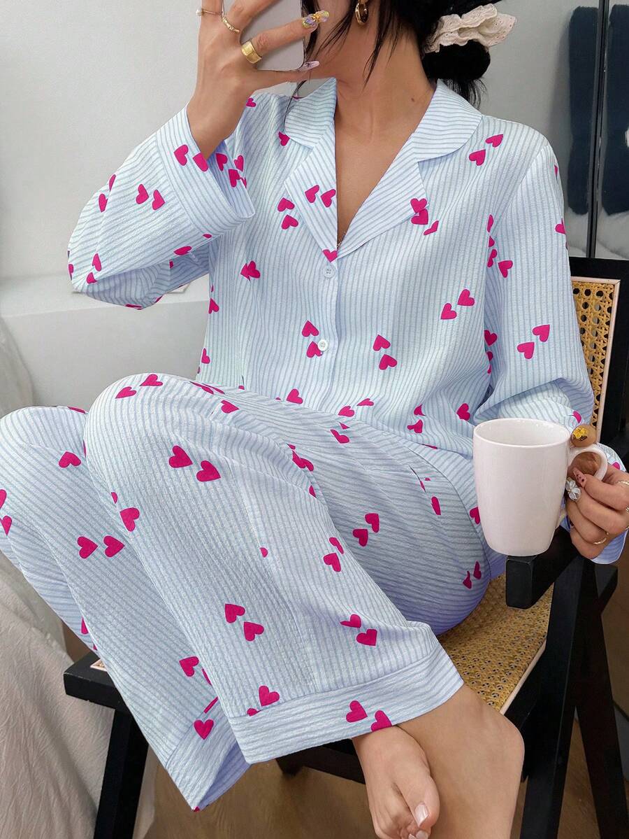 SHEIN 女士翻领爱心条纹长袖上衣和裤子睡衣套装,秋冬服装 - 彩色 - 查看 1