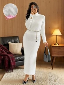 Franclia Elegant Chic White Lounge Set For Women,Autumn High Neck Long Sleeve Knitted Loose Basic A-Line Skirt Set,Winter Clothes - Beige - View 3