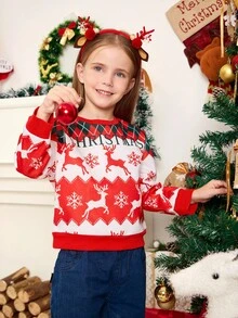SHEIN Sudadera de cuello redondo de manga larga con estampado alegre de renos rojos de Navidad para niñas - Rojo - Ver 3