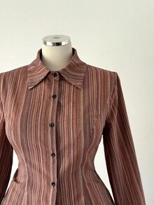 Sunspun Chic Striped Slim Fit Casual Long Sleeve Shirt - Brown - View 6
