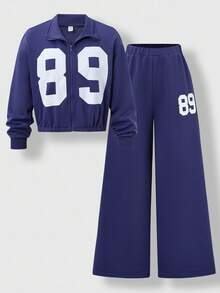 SHEIN Explorewe Tween Girls 复古风格 89 图案印花 Polo 领拉链夹克和阔腿裤套装，适合学校、滑板公园和街头穿着 - 藏蓝色 - 查看 1