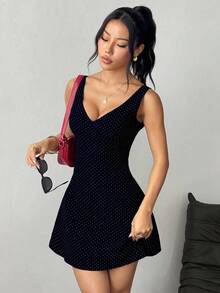 SHEIN Unity 女式白色波尔卡圆点 V 领露背系带波西米亚风休闲性感连衣裙，春夏 - 藏蓝色 - 查看 5