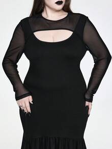 ROMWE Plus Size Women Gothic Hollow Out Mesh Patchwork Ruffle Hem Fishtail Dress, Suitable For Inner And Outer Wear, All Seasons - Black - View 7
