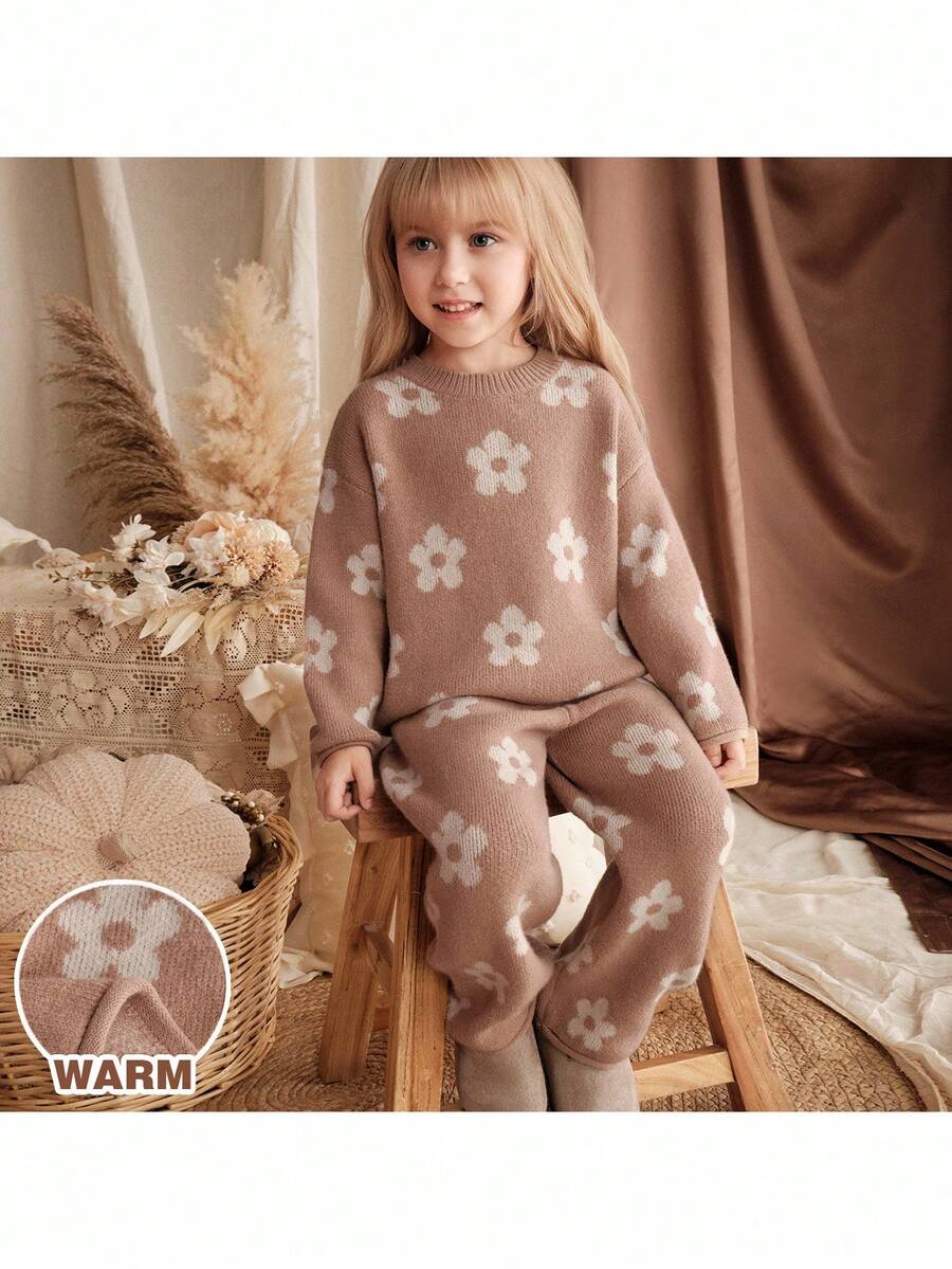 Loomiva Young Girl Jacquard Crew Neck Long Sleeve Sweater & Elastic Waist Pants 2 Piece Set Kids Two Piece Set Girl Brown Set Girls Knit Set Girls Floral Set,In Fall/Winter Kids Comfy Set Girls Winter Sets Kids Pajama Set Girls Girls Lounge Pants Girls Loungewear Set Kids Young Girls Sets Winter Girls Set Girls Pajamas Set