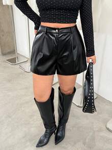 SHEIN EZwear Plus Size Solid Color Skinny Straight PU Leather Casual Shorts For Autumn And Winter - Black - View 5