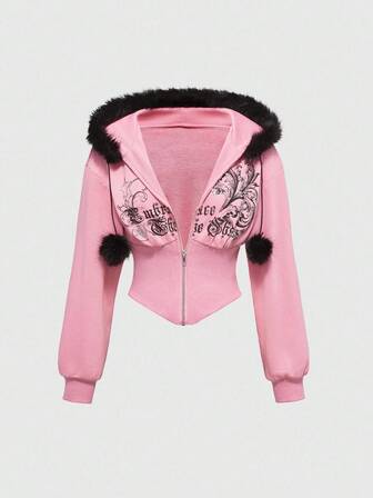 Grunge Punk Sweat-shirt à capuche ajusté imprimé léopard de la sous-culture Y2K avec imprimé floral vintage et ornements de strass