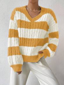 EMERY ROSE Damen Kontrast-Farbiges V-Ausschnitt Langarm Pullover