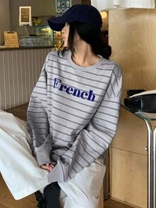 DAZY 女士/女孩休闲条纹圆领长袖运动衫，秋冬 - 灰色 - 查看 4