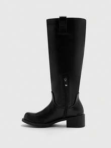 CUCCOO BIZCHIC Botas de media pantorrilla de estilo británico para motocicleta con hebilla y cordones, de tacón grueso, de moda y casuales para el transporte diario - Negro - Ver 9