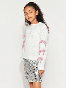 Radiana Tween Girl Knitted Textured Colorblock Bow Crew Neck Casual Pullover Sweater, Comfortable & Cute, Suitable For Everyday Wear - White - View 4