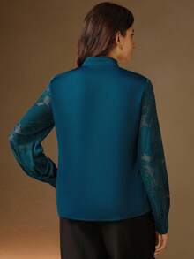 Anewsta Áo sơ mi nữ tay dài phối ren Pháp thanh lịch Niche - Màu xanh ngọc - Xem 2