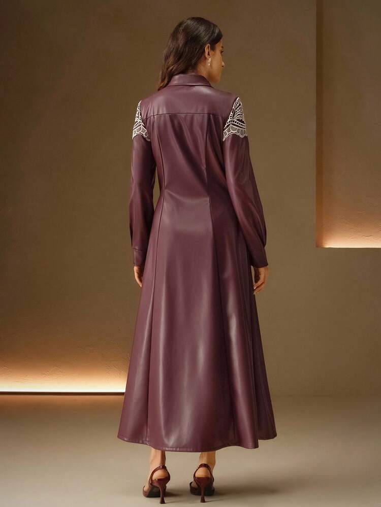 Women's Elegant Wine Red Hollow Embroidered Long Sleeve A-Line Dress, Suitable For Daily Wear And Gatherings, Autumn/Winter