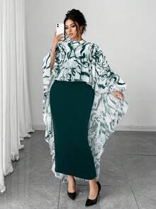 Elenzga Plus Size V-Neck Chiffon Floral Print Ruffle Trim Cape Top + Knit Camisole Dress Elegant 2-Piece Set - Dark Green - View 3