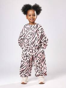 SUMWON Girls Animal Print Two Piece Co-Ord Set Winter Wear Casual Oversized Hoodie Sweatshirt With Joggers Matching Set Autumn Outfit - Coffee Brown - View 1