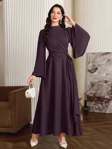 Modelyn Women Elegant Solid Color Bell Sleeve Arabic Dress, Autumn Long Evening Dresses - Brown - View 1