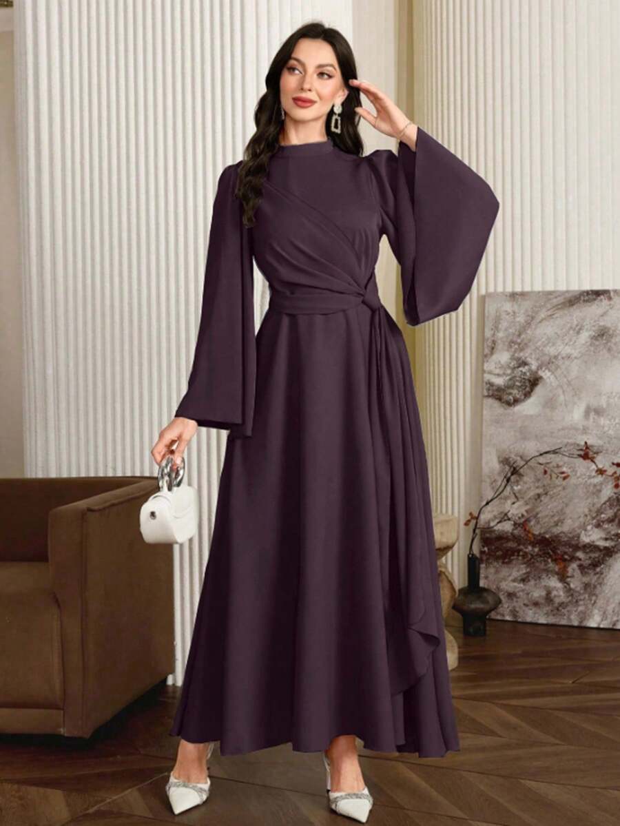 Modelyn Women Elegant Solid Color Bell Sleeve Arabic Dress, Autumn Long Evening Dresses - Brown - View 1