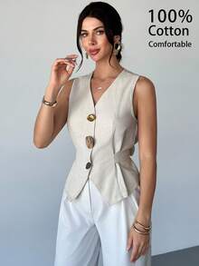 Firerie Women's Elegant Beige Summer Brunch Minimalist Linen Cotton Metal Button V-Neck Sleeveless Vest Shirt,Urban Chic Back-To-School Teacher Casual Tops - Apricot - View 7