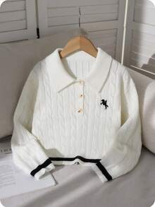 Tween Girl White Half-Placket Button Cable Knit Embroidered Cropped Loose Sweater,Black And White,Autumn,Elegant And Classy,School,Back-To-School - Beige - View 3