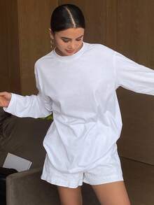 Livesso Letter Embroidery Loose Fit Long Sleeve Crew Neck Casual Top, Suitable For Spring And Summer Women T-Shirt - White - View 8