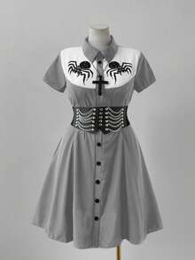 Sunspun Punk Chic Fashion Collared Casual Versatile Contrast Color Spider Print Waist Fit A-Line Dress - Grey - View 4