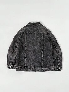 SHEIN 青少年男孩时尚休闲 Y2K 复古酷炫街头风返校学院风可爱字母标签设计简约基础舒适黑色牛仔翻领长袖外套柔软日常穿着秋冬派对音乐节居家街头风校园装 - 黑色 - 查看 7