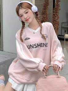 DAZY 女式 V 领宽松图案印花撞色保暖内衬厚款运动衫 秋冬 - 粉色 - 查看 3