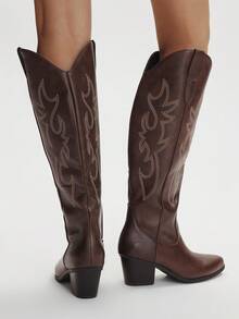 Styleloop Western Cowgirl Boots, Embroidered Riding Boots, Chelsea Boots, Tall Maillard Boots For Women, Suitable For Halloween, Christmas, Autumn Outfits, Western Boots, Core - Coffee Brown - View 4
